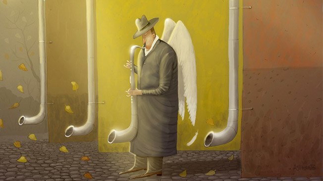 karikatura, čovjek svira